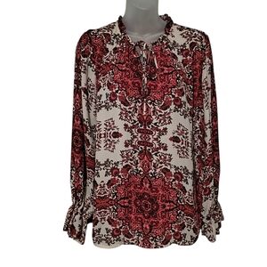 Violet & Claire Red White Floral Boho Ruffled Neck And Sleeve Blouse Peasant